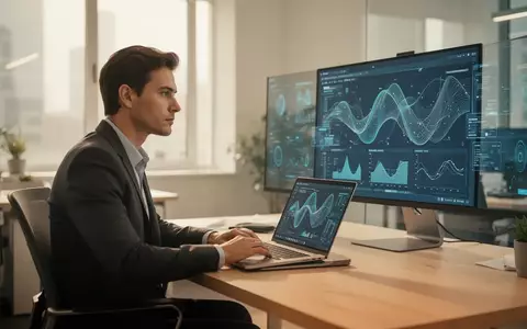 Ein fokussierter Wissensarbeiter vor einem Laptop in einem modernen, hellen Büro mit Datenvisualisierungen auf dem Bildschirm. - Foto: über boerse-global.de