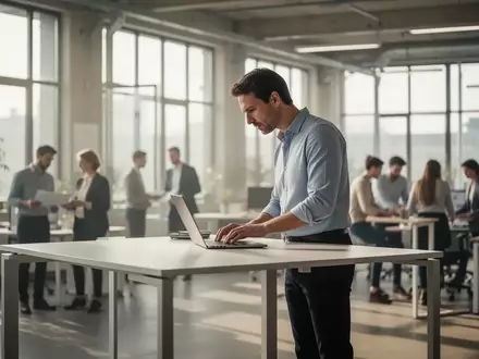 Ein Mitarbeiter in einem modernen, hellen Büro an einem höhenverstellbaren Schreibtisch bei der Arbeit. - Foto: über boerse-global.de