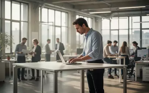 Ein Mitarbeiter in einem modernen, hellen Büro an einem höhenverstellbaren Schreibtisch bei der Arbeit. - Foto: über boerse-global.de