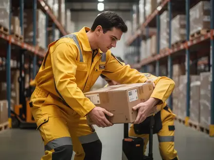 Ein Logistikmitarbeiter in Arbeitskleidung übt rückenschonendes Heben von Paketen in einem Zustellstützpunkt. - Foto: über boerse-global.de