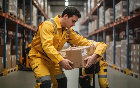 Ein Logistikmitarbeiter in Arbeitskleidung übt rückenschonendes Heben von Paketen in einem Zustellstützpunkt. - Foto: über boerse-global.de