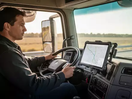 LKW-Fahrer im modernen Führerhaus, der ein Tablet mit Routenplanungs-Software für die Tourenplanung bedient. - Foto: über boerse-global.de