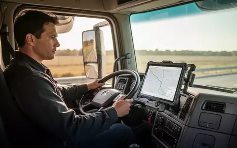 LKW-Fahrer im modernen Führerhaus, der ein Tablet mit Routenplanungs-Software für die Tourenplanung bedient. - Foto: über boerse-global.de