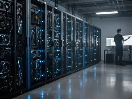 Serverraum mit modernen Hochleistungsrechnern und blauer Beleuchtung in einer professionellen IT-Umgebung. - Foto: über boerse-global.de
