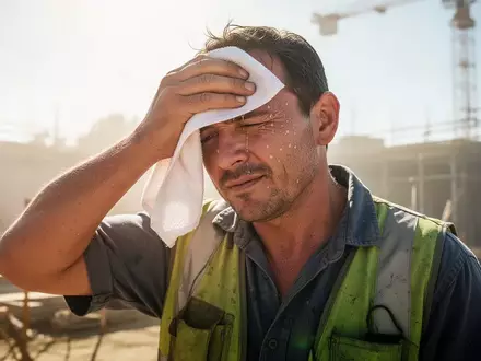 Ein Bauarbeiter wischt sich an einem heißen Sommertag den Schweiß von der Stirn, während er im Freien arbeitet. - Foto: über boerse-global.de