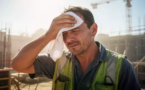 Ein Bauarbeiter wischt sich an einem heißen Sommertag den Schweiß von der Stirn, während er im Freien arbeitet. - Foto: über boerse-global.de