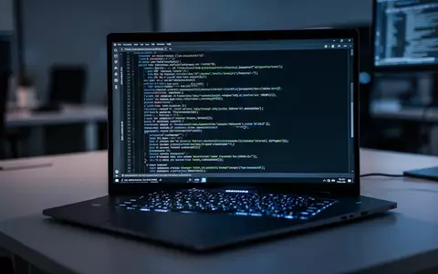 Nahaufnahme eines Laptops mit komplexem Programmcode auf dem Bildschirm in einer dunklen Büroumgebung. - Foto: über boerse-global.de