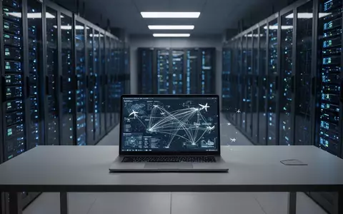 Ein moderner Serverraum mit leuchtenden Server-Racks und einem Laptop, auf dem komplexe Datenvisualisierungen zu sehen sind. - Foto: über boerse-global.de