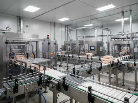 Moderne industrielle Produktionsanlage mit Edelstahlmaschinen und automatisierten Förderbändern in einer Fabrikhalle. - Foto: über boerse-global.de