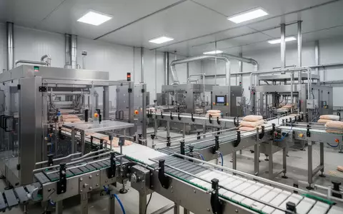 Moderne industrielle Produktionsanlage mit Edelstahlmaschinen und automatisierten Förderbändern in einer Fabrikhalle. - Foto: über boerse-global.de
