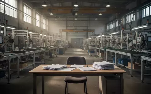 Leere Arbeitsplätze und inaktive Fertigungsanlagen in einer modernen deutschen Industriehalle. - Foto: über boerse-global.de