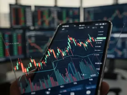 Ein verschwommener Handelsraum im Hintergrund mit einem Fokus auf eine komplexe Finanzgrafik auf einem Smartphone. - Foto: über boerse-global.de