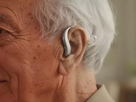Nahaufnahme einer älteren Person mit einem modernen Hörgerät hinter dem Ohr in einer ruhigen, hellen Umgebung. - Foto: über boerse-global.de