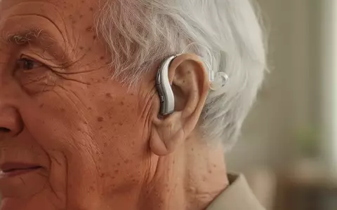 Nahaufnahme einer älteren Person mit einem modernen Hörgerät hinter dem Ohr in einer ruhigen, hellen Umgebung. - Foto: über boerse-global.de