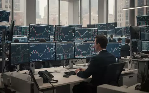 Ein professioneller Händler an einem modernen Arbeitsplatz vor Bildschirmen mit abstrakten Marktdaten. - Foto: über boerse-global.de