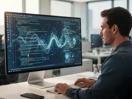 Softwareentwickler arbeitet an einem Computerbildschirm mit komplexem Programmcode in einem modernen Büro. - Foto: über boerse-global.de