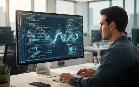 Softwareentwickler arbeitet an einem Computerbildschirm mit komplexem Programmcode in einem modernen Büro. - Foto: über boerse-global.de