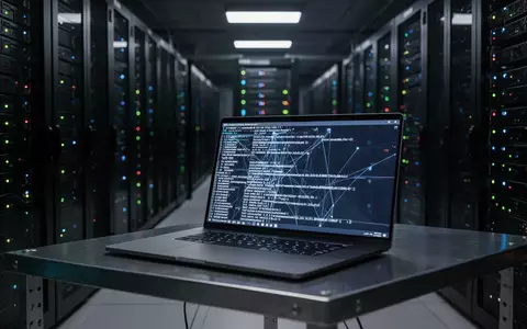 Ein beleuchteter Serverraum mit einem Laptop im Vordergrund, auf dessen Bildschirm komplexe Programm-Codes zu sehen sind. - Foto: über boerse-global.de