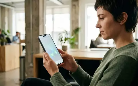 Eine Person hält ein modernes Smartphone in einem hellen Büro, auf dem ein Webbrowser mit KI-Funktionen zu sehen ist. - Foto: über boerse-global.de