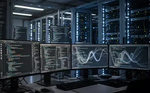Ein Serverraum mit leuchtenden Hardware-Komponenten und Monitoren, die komplexe Datenströme und Programmcode anzeigen. - Foto: über boerse-global.de