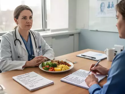 Ein Arzt und ein Patient sitzen in einem modernen Behandlungsraum an einem Tisch mit einem Symptomtagebuch und gesunden Lebensmitteln. - Foto: über boerse-global.de