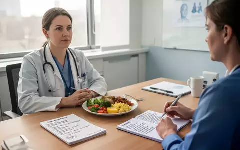 Ein Arzt und ein Patient sitzen in einem modernen Behandlungsraum an einem Tisch mit einem Symptomtagebuch und gesunden Lebensmitteln. - Foto: über boerse-global.de
