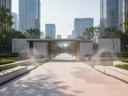 Minimalistisch gestalteter Eingangsbereich eines Stadtparks mit einer aktiven Nebelkühlungsanlage an einem sonnigen Tag. - Foto: über boerse-global.de