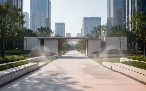 Minimalistisch gestalteter Eingangsbereich eines Stadtparks mit einer aktiven Nebelkühlungsanlage an einem sonnigen Tag. - Foto: über boerse-global.de