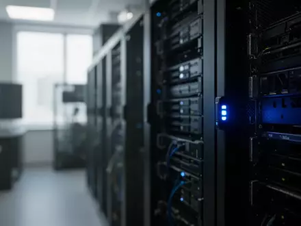 Ein dunkler Serverraum mit leuchtenden Kontrollleuchten an den Hardware-Racks in einem modernen Bürogebäude. - Foto: über boerse-global.de