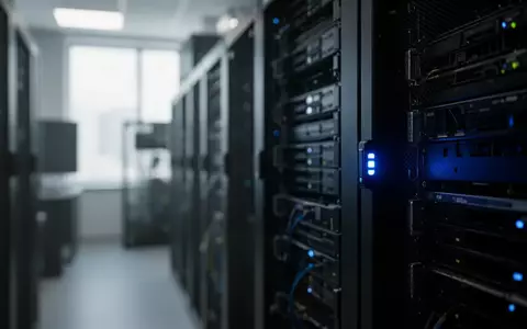 Ein dunkler Serverraum mit leuchtenden Kontrollleuchten an den Hardware-Racks in einem modernen Bürogebäude. - Foto: über boerse-global.de