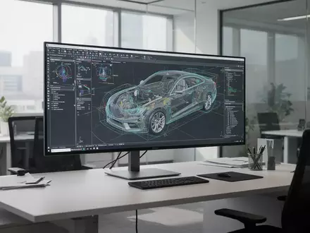 Ein moderner Arbeitsplatz mit einer komplexen 3D-Automobil-Simulationssoftware auf einem Monitor in einem hellen Büro. - Foto: über boerse-global.de