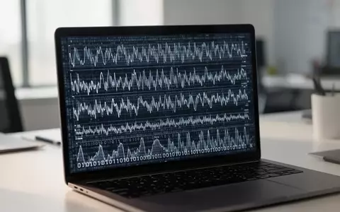 Ein moderner Arbeitsplatz mit einem Laptop, auf dessen Bildschirm abstrakte Datenmuster und statistische Strukturen zu sehen sind. - Foto: über boerse-global.de