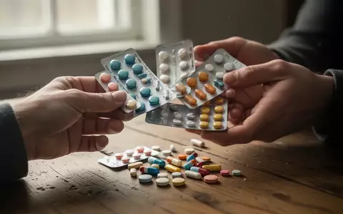 Hände halten verschiedene Medikamentenpackungen und Tabletten auf einem Holztisch. - Foto: über boerse-global.de
