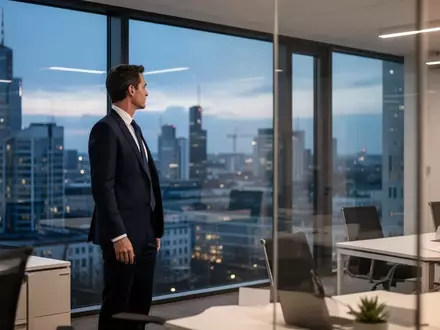 Eine professionelle Aufnahme einer Person im Business-Outfit in einem modernen Büro mit Blick auf eine Stadt bei Dämmerung. - Foto: über boerse-global.de