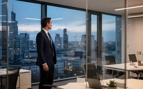 Eine professionelle Aufnahme einer Person im Business-Outfit in einem modernen Büro mit Blick auf eine Stadt bei Dämmerung. - Foto: über boerse-global.de