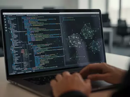Nahaufnahme eines Laptops mit komplexen Programmcodezeilen in einer professionellen Büroumgebung. - Foto: über boerse-global.de