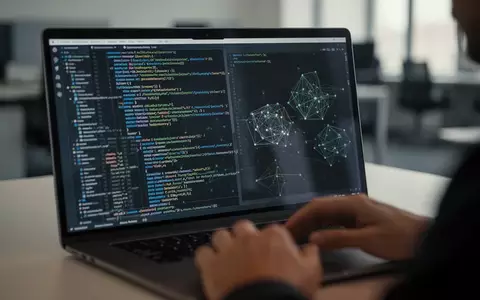 Nahaufnahme eines Laptops mit komplexen Programmcodezeilen in einer professionellen Büroumgebung. - Foto: über boerse-global.de
