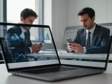 Ein verschwommener Arbeitsplatz mit Laptop und einer besorgt wirkenden Person im Hintergrund, die ein Smartphone nutzt. - Foto: über boerse-global.de