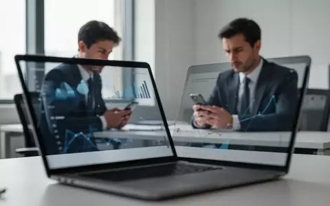 Ein verschwommener Arbeitsplatz mit Laptop und einer besorgt wirkenden Person im Hintergrund, die ein Smartphone nutzt. - Foto: über boerse-global.de