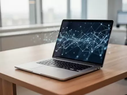 Ein moderner, minimalistischer Arbeitsplatz in einem Bankbüro mit einem Laptop, der ein digitales Netzwerk visualisiert. - Foto: über boerse-global.de