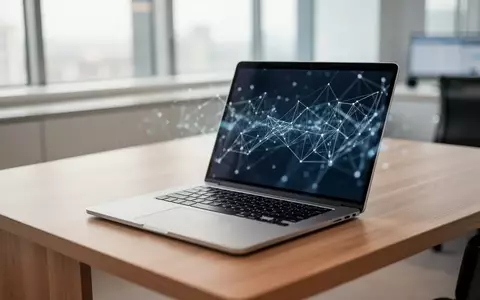 Ein moderner, minimalistischer Arbeitsplatz in einem Bankbüro mit einem Laptop, der ein digitales Netzwerk visualisiert. - Foto: über boerse-global.de