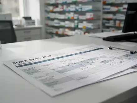 Ein organisierter Arbeitsplatz in einer Apotheke mit einem Dienstplan auf einem Schreibtisch bei natürlichem Tageslicht. - Foto: über boerse-global.de