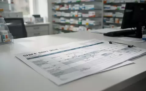 Ein organisierter Arbeitsplatz in einer Apotheke mit einem Dienstplan auf einem Schreibtisch bei natürlichem Tageslicht. - Foto: über boerse-global.de