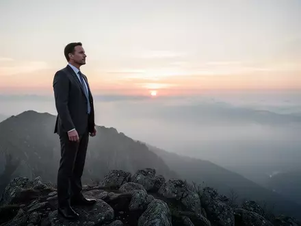 Eine Führungskraft blickt in der Morgendämmerung von einem Berggipfel in die Ferne, ein Symbol für Ruhe und Resilienz. - Foto: über boerse-global.de