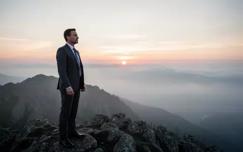 Eine Führungskraft blickt in der Morgendämmerung von einem Berggipfel in die Ferne, ein Symbol für Ruhe und Resilienz. - Foto: über boerse-global.de
