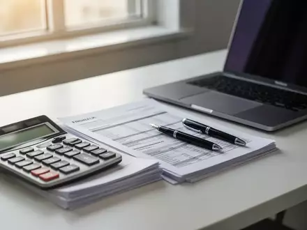 Ein aufgeräumter Büroarbeitsplatz mit einem Taschenrechner, Dokumenten und einem Laptop in hellem, natürlichem Licht. - Foto: über boerse-global.de