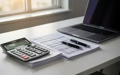 Ein aufgeräumter Büroarbeitsplatz mit einem Taschenrechner, Dokumenten und einem Laptop in hellem, natürlichem Licht. - Foto: über boerse-global.de