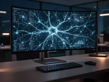 Ein moderner, dunkel beleuchteter Arbeitsplatz mit einem Monitor, der abstrakte Datenstrukturen eines neuronalen Netzes zeigt. - Foto: über boerse-global.de