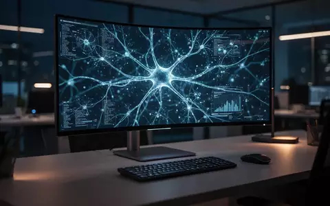 Ein moderner, dunkel beleuchteter Arbeitsplatz mit einem Monitor, der abstrakte Datenstrukturen eines neuronalen Netzes zeigt. - Foto: über boerse-global.de