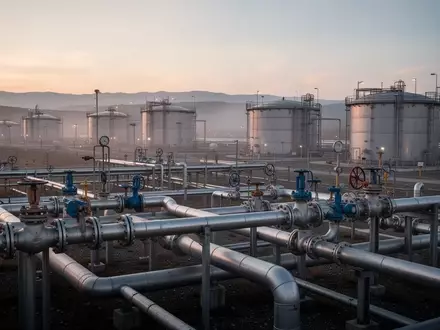 Große Industrieanlagen zur Erdgasspeicherung mit Stahlrohren und Tanks bei Dämmerung. - Foto: über boerse-global.de